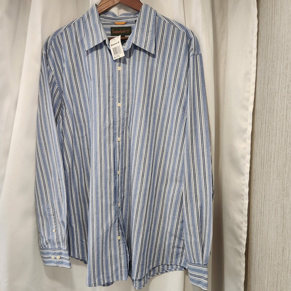 NWT  Timberland Long Sleeve Button Up Shirt  Blue White Striped‎ Cotton Men's XL